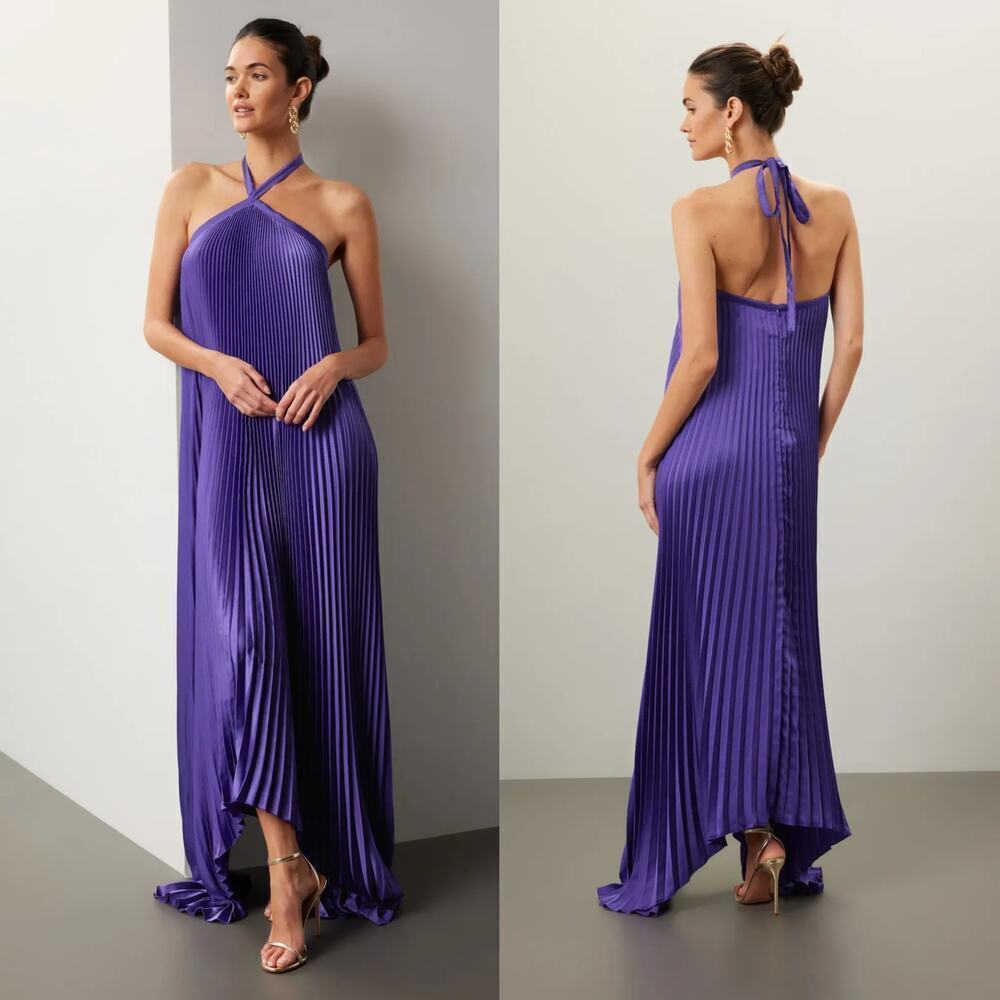 L'ldee Deesse Gown Pleated Sleeveless Halter Neck Maxi Dress Viola Purple XS